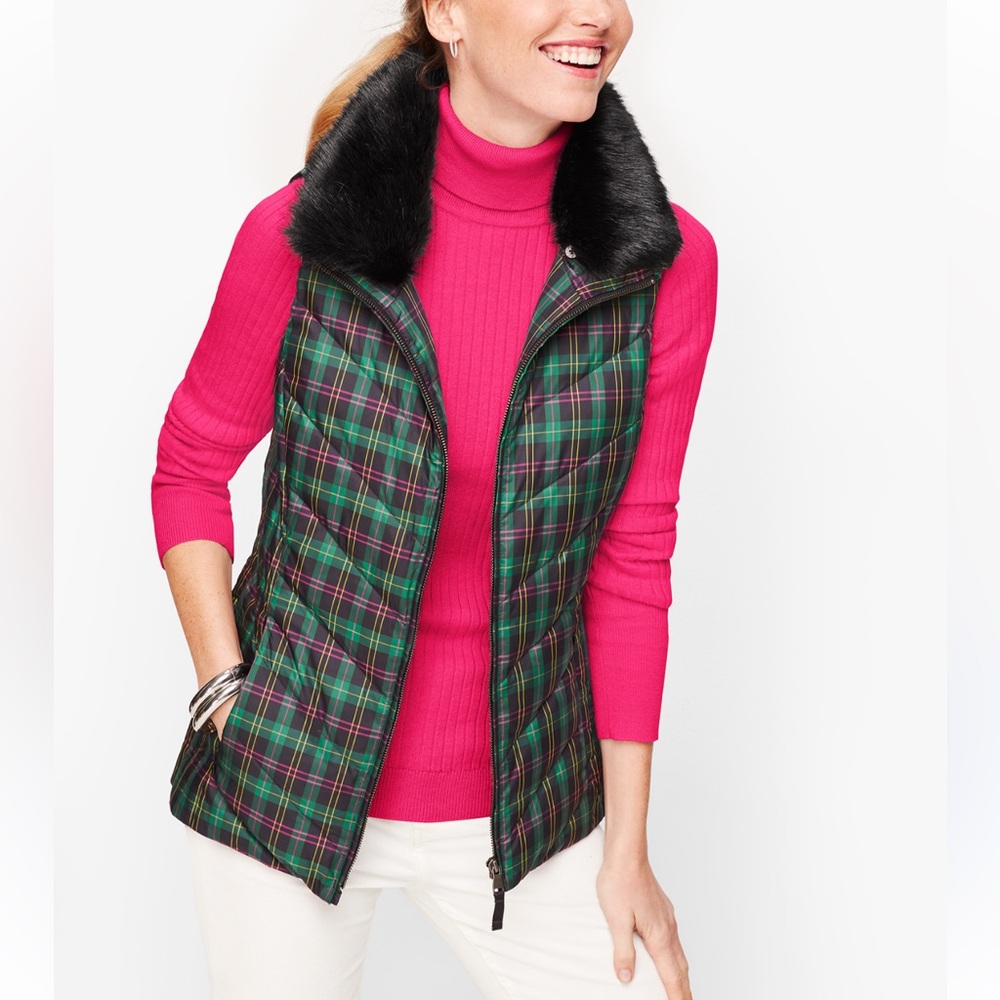 Talbots Green and Blue Tartan Vest with Black Faux Fur Removable Collar